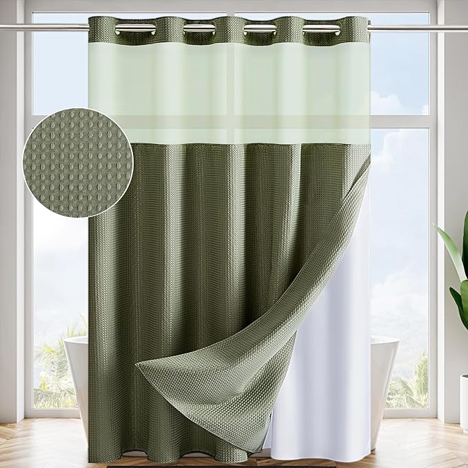 No Hook Double Shower Curtain with Snap in Fabric Liner Set,Hotel Style