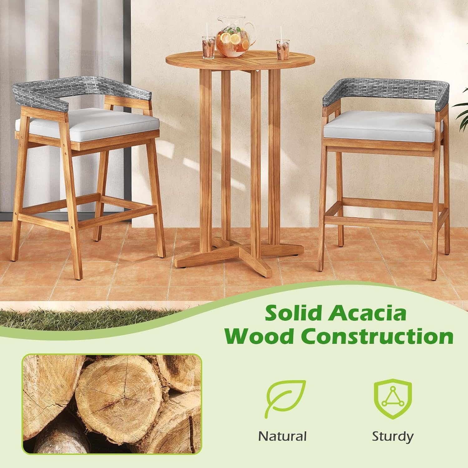 HAPPYGRILL Acacia Wood Outdoor Bar Table, Bar Height Patio Bistro Table for Porch, Garden, Balcony and Poolside