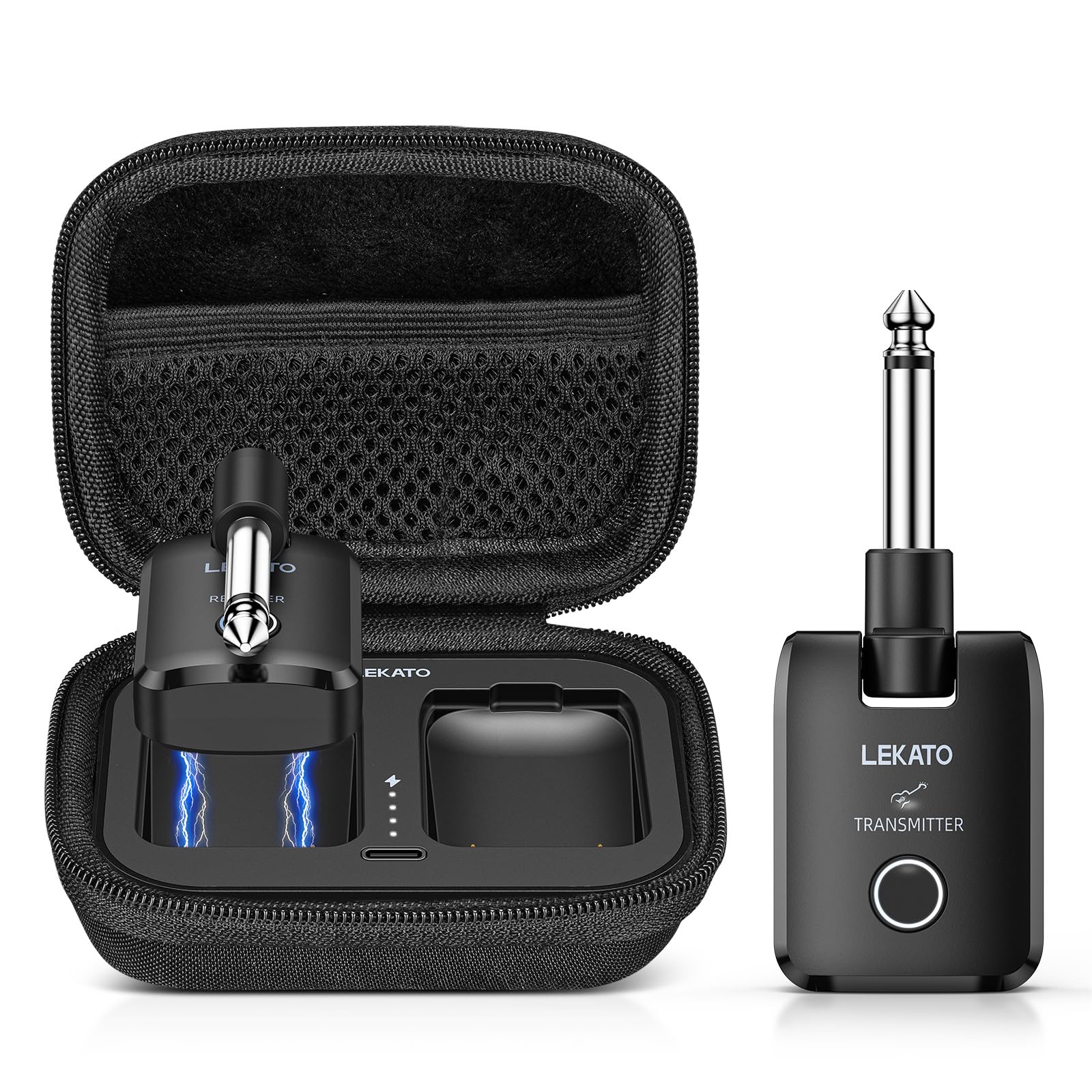 LEKATO Sistema per chitarra wireless con custodia di ricarica, ricevitore trasmettitore per chitarra con autonomia di 18 ore, jack per chitarra ricaricabile senza fili con custodia portatile per
