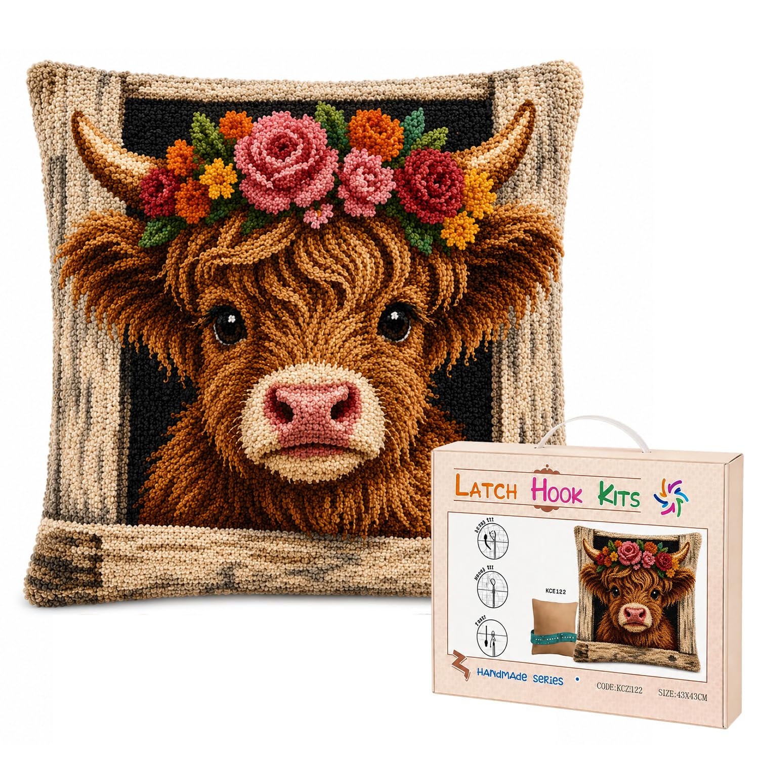 Velorin Highland Cow Latch Hook Kits for Adults, Latch Hook Cushion Kits, Craft Kits for Pillow Cover Cushion Cover Highland Cow Gifts (E)