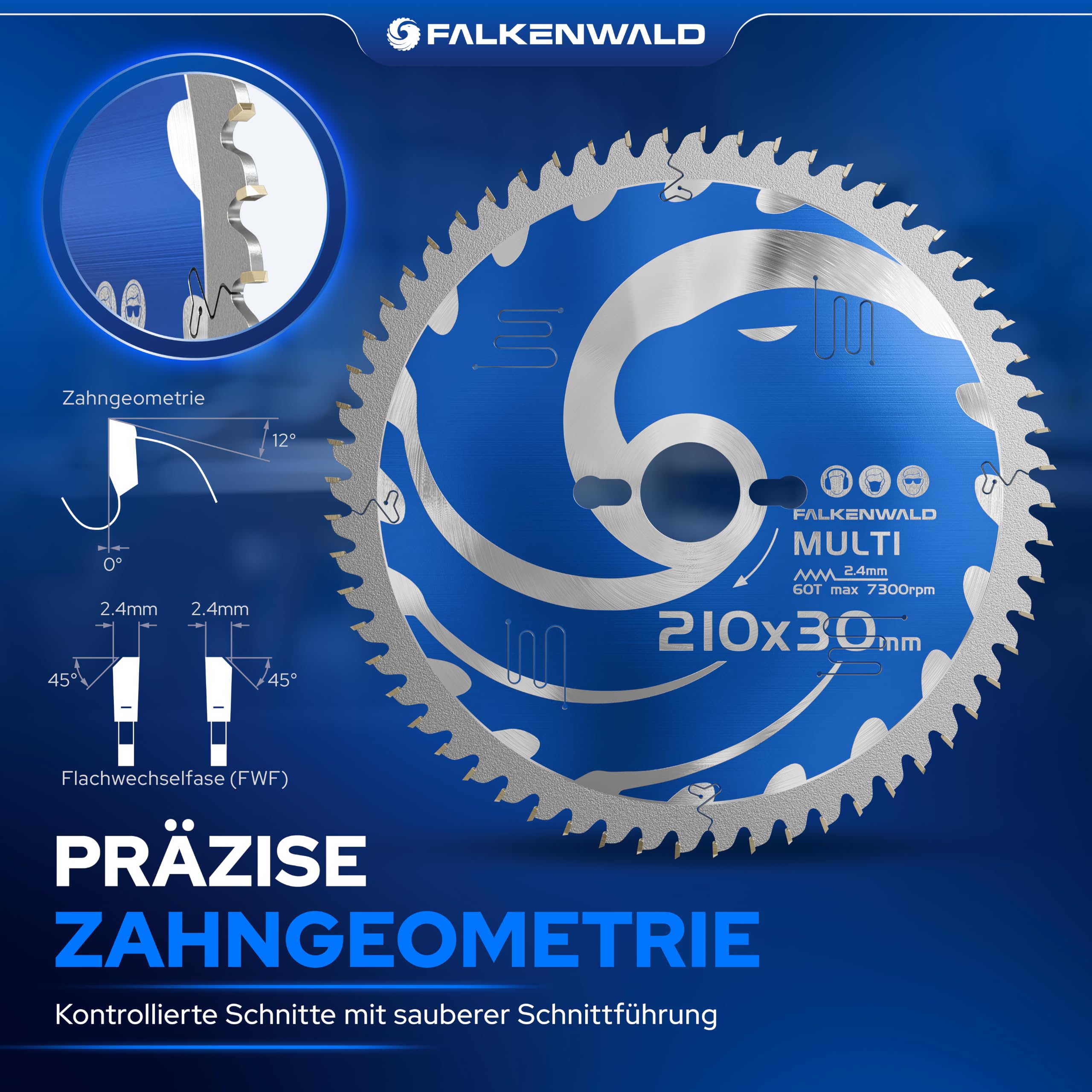 FALKENWALD ® Kreissägeblatt 210x30 mm - Ideal für Holz, Metall & Alu - Sägeblatt 210x30 kompatibel als Kappsägeblatt für Bosch & Makita - Multi Kappsägeblatt 210x30 - Sägeblatt 210