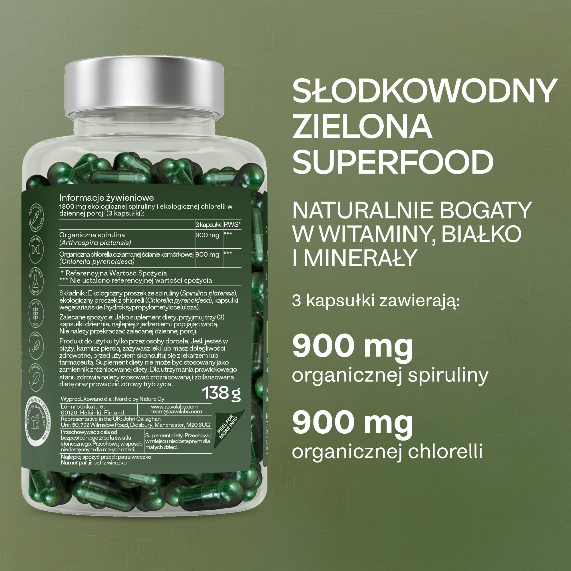 200 Kapsułek ze Sproszkowaną Spiruliną i Chlorellą [1800 mg] - Wysokiej Jakości Mieszanka Fitoskładników z Niebieskich Alg - Idealny Dodatek do Smoothie - W 100% Wegańska Formuła