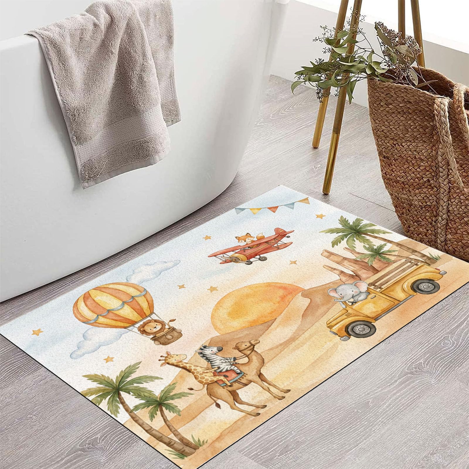 Zerbino Ingresso Interno 80X120Cm Animali Deserto Cartone Tappeto Lavabile Antiscivolo Giraffe E Cammelli Carini Passatoia Corridoio Sottile Zerbino Per Porta Di Casa Cucina Ufficio, Giallo