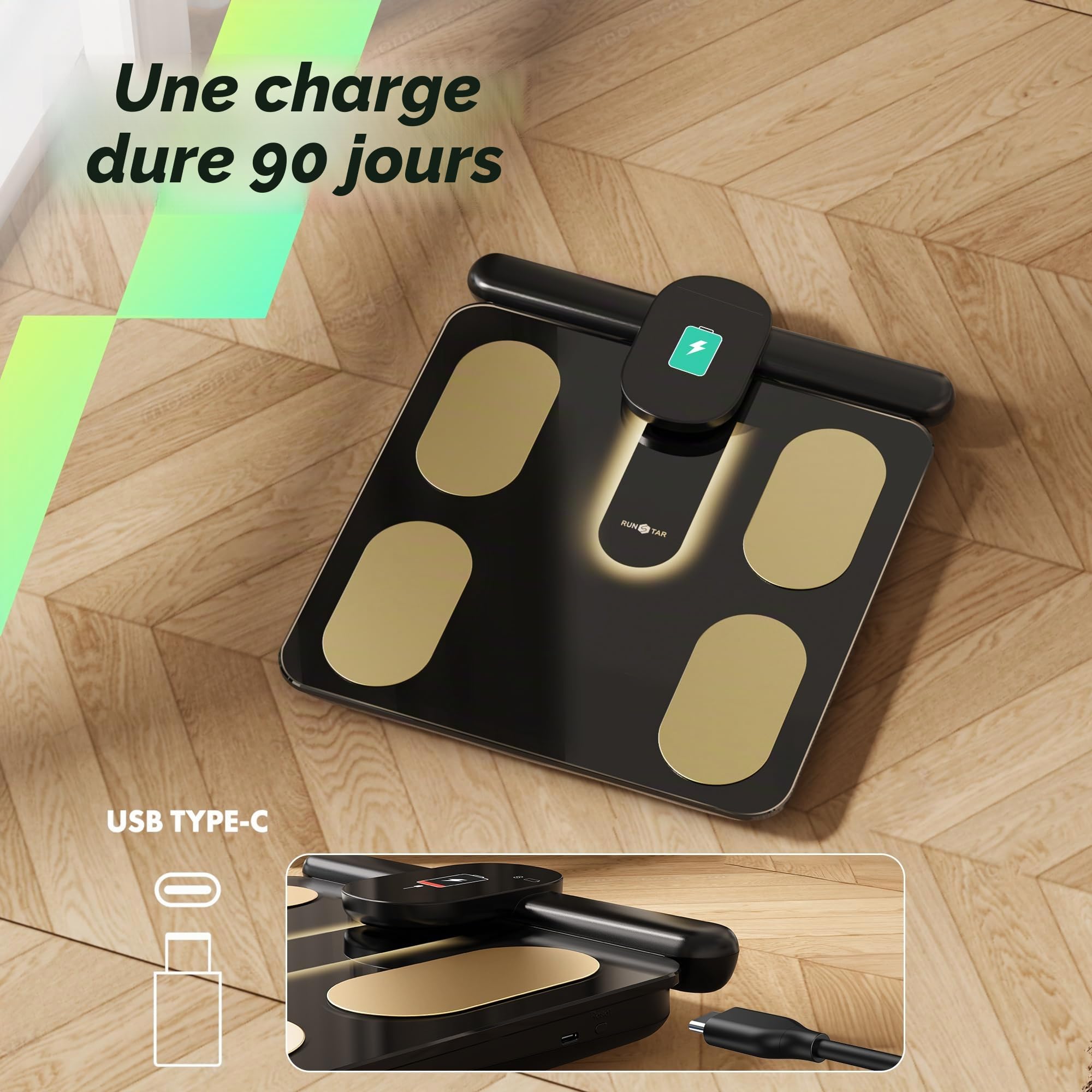 RunSTAR Balance Pese Personne Intelligent, Pèse Personne avec 8 Électrodes, IMC, Masse Grasse, 28 Mesures Corporelles, Écran TFT Couleur avec Poignée Rétractable