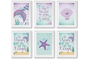 Hadley Designs 6 Reversible 8x10 Mermaid Decor Prints: Enchanting Wall Decor for Kids' Undersea Adventures