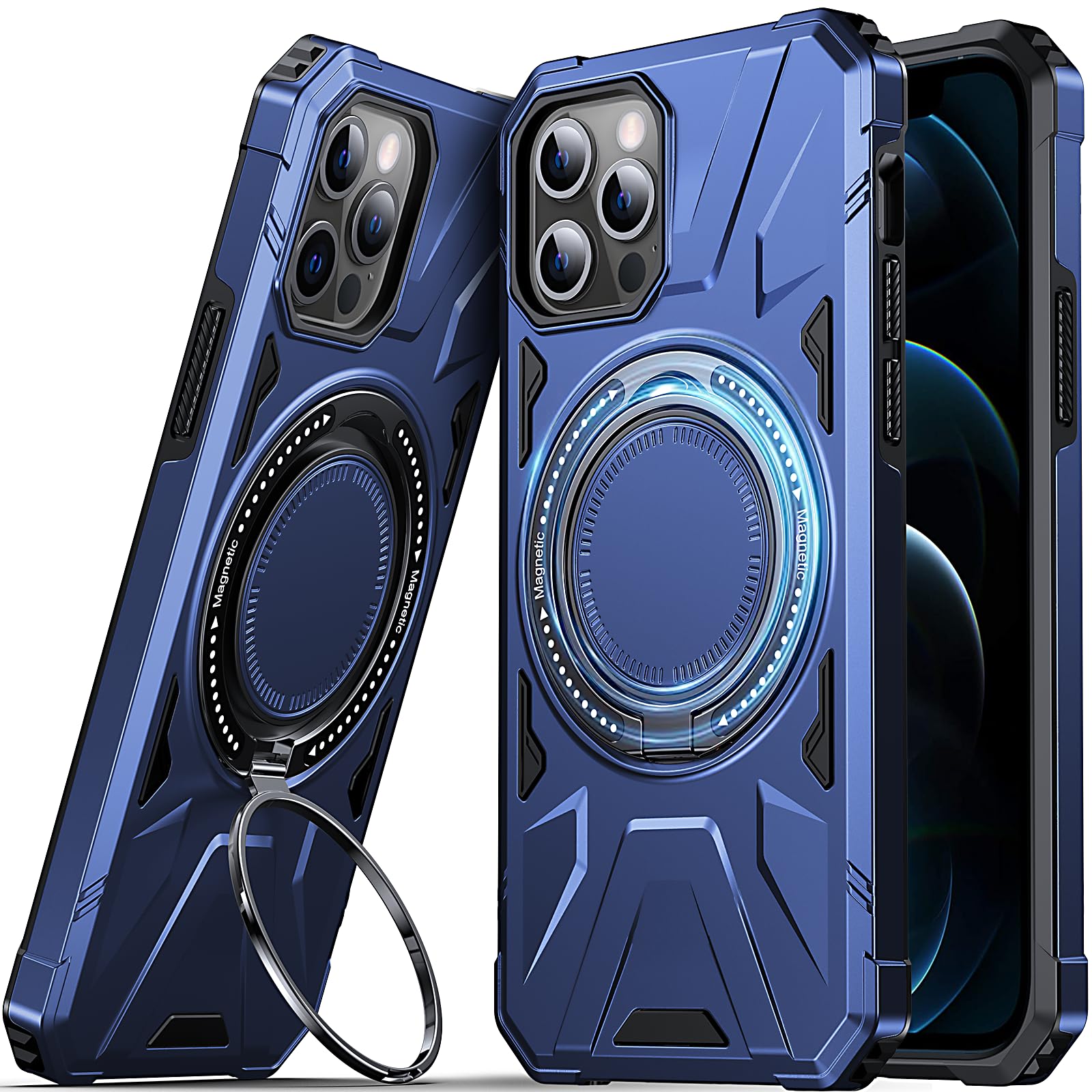DASFOND Armor Shockproof Rugged Case for iPhone 12 & 12 Pro with 360° Ring Kickstand, Heavy Duty Protection, Blue
