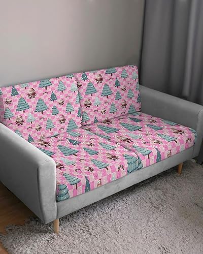 Miniatura 3 de Wowouhiya Christmas Couch Cushion Covers, Stretch Sofa Cover with Elastic Bottom, Xmas Tree Winter Snowflake Santa Pink Checkered Sofa Slipcovers