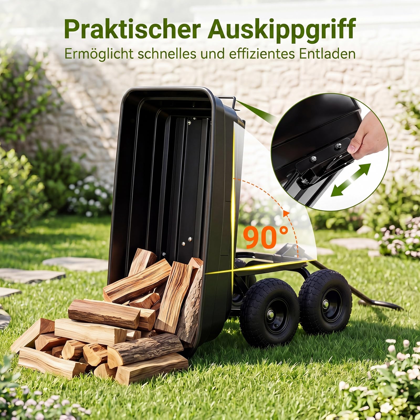 COSTWAY Wózek transportowy, 300 kg | 75 l | funkcja przechylania, wózek ogrodowy z regulowanym uchwytem przesuwnym i oponami pneumatycznymi, wózek transportowy, metalowy, wózek wywrotkowy, wózek