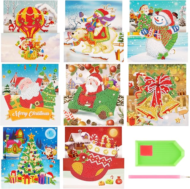 ABSDON 8Pcs Diamond Painting Christmas Cards 5D DIY Santa Claus Christmas Tree Snowman Christmas Greeting Cards Making Kits with Envelopes for Xmas New Year Holiday Gifts