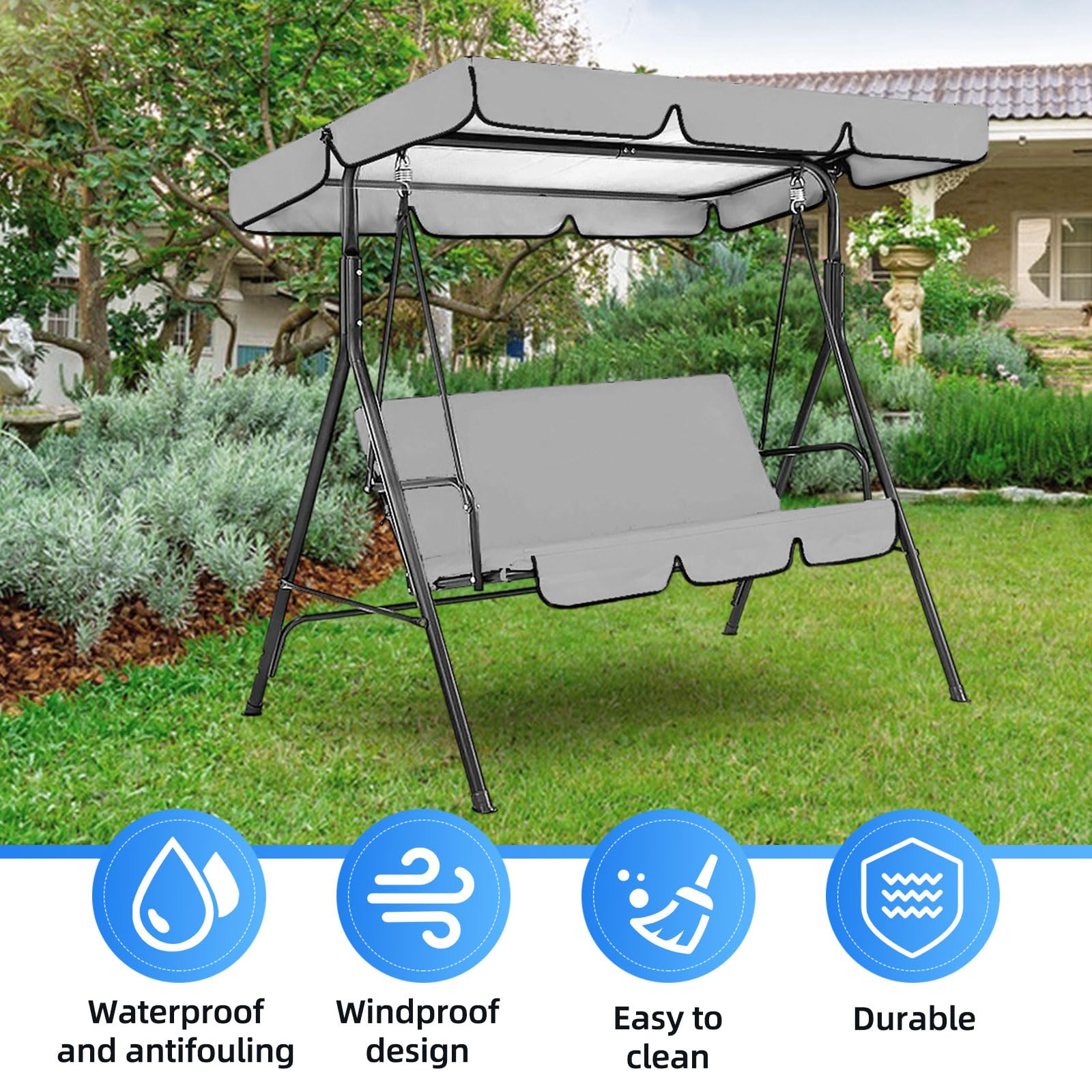 Hamaca de jardín, 249 x 185 cm, resistente al agua, techo universal de repuesto para columpio de jardín, toldo Oxford de 3 plazas, protección UV 210D (gris)