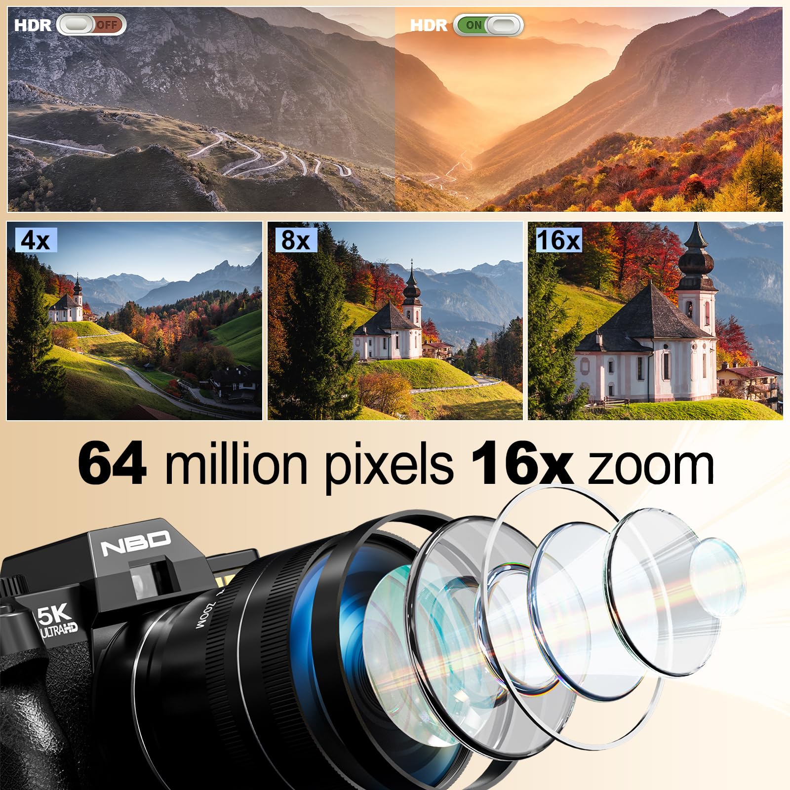 NBD 5K Digital Cameras for Photography - 16X Zoom Travel Camera with 180° Flip Screen, 64MP Vlogging Cameras Fotograficas for YouTube, Auto Focus, Macro Lens, 2 Batteries & 64GB TF Card（Black）