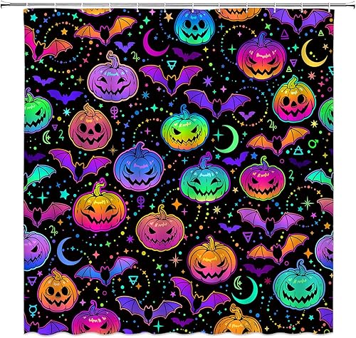 Cortina de ducha de calabaza colorida con diseño de murciélago aterrador, estrella, luna, gótica, mágica, misteriosa, terror, fantasía, fantasía,