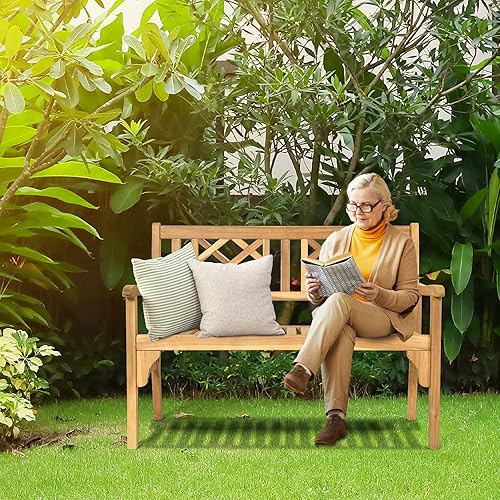 Miniatura 4 de Tangkula Banco plegable de madera para jardín, banco plegable de acacia para 2 personas con estructura resistente, cerraduras, reposabrazos y
