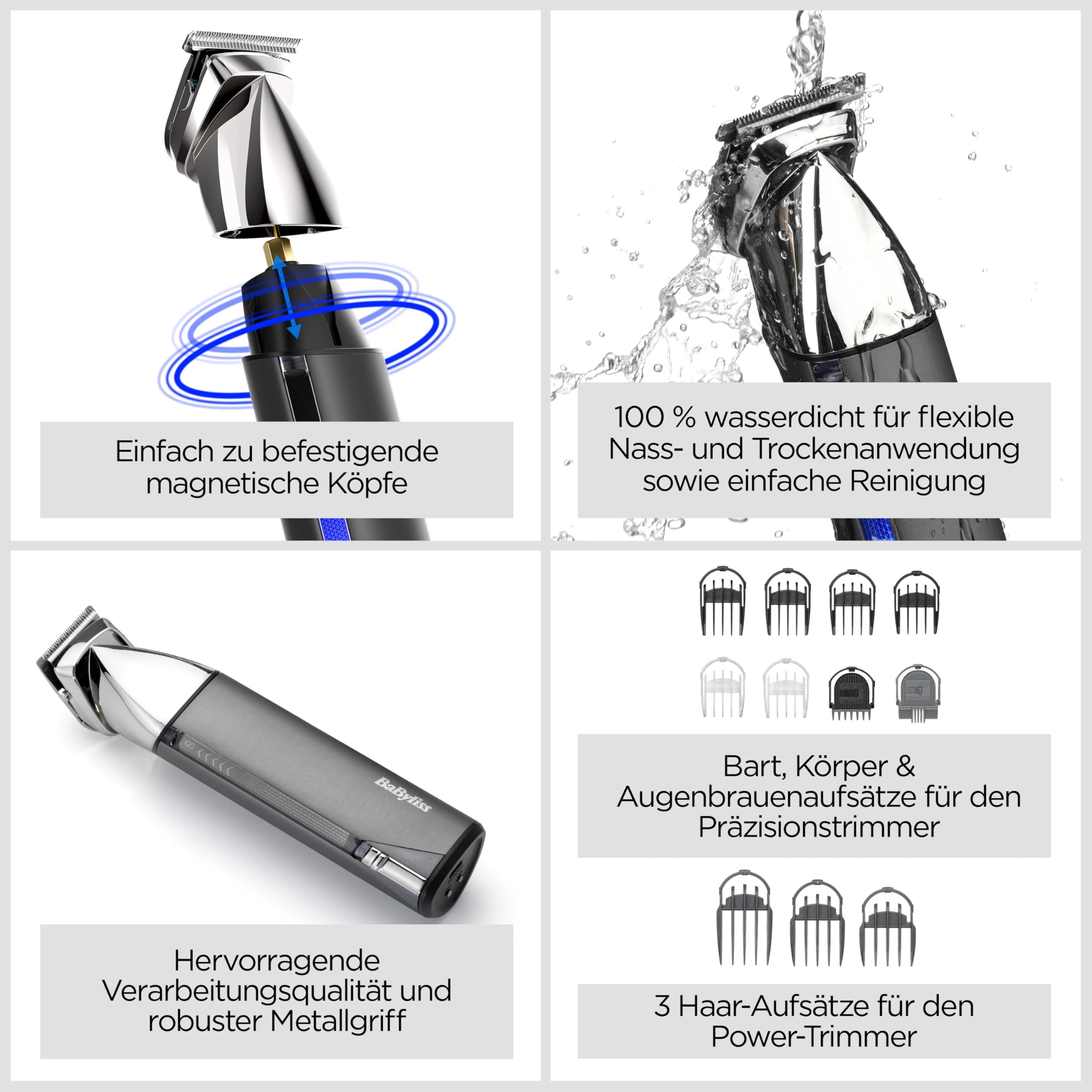 BaByliss Super-X Metal 15-in-1- Multi-Trimmer – Kabelloses Grooming-Kit inklusive Barttrimmer und Nasenhaarschneider, wasserdicht, Geschenk für Männer, Silber/Grau, MT996E
