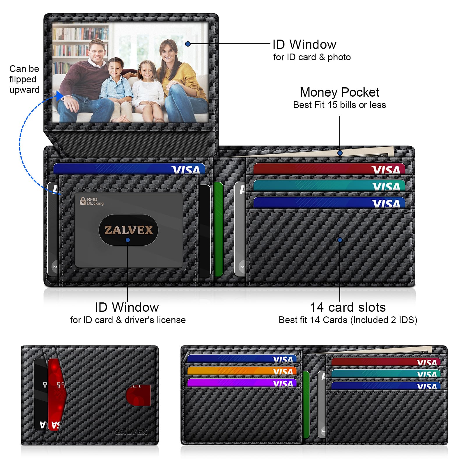 Wallet for Men Slim RFID Blocking Leather Credit Card Holder Wallet for 14 Cards, Bifold Minimalist Thin Wallet with 2 ID Windows & Cash Slot, Front Pockt Carteras Para Hombres, Birthday Gifts for Men