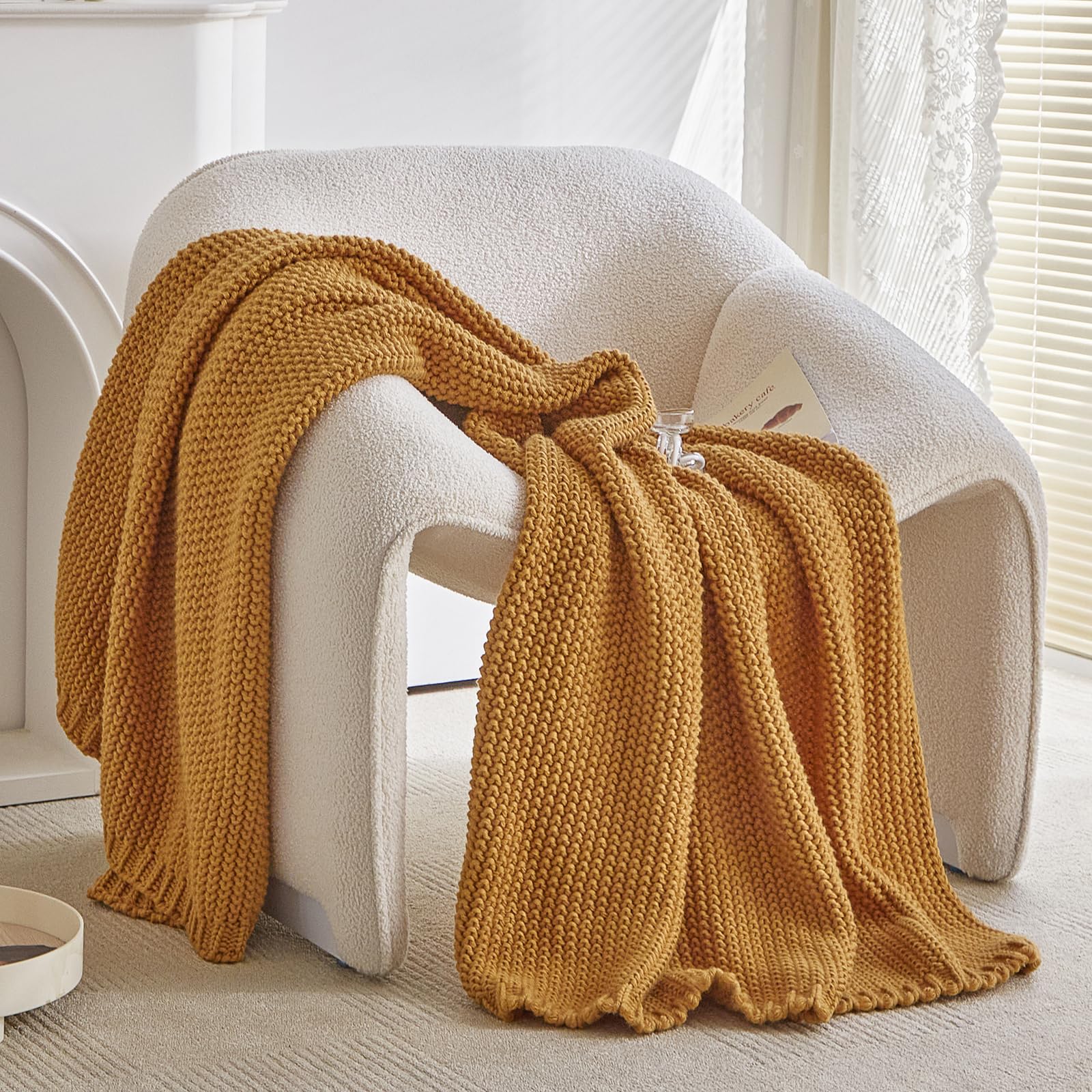 Longhui bedding Chunky Cable Knit Throw Blanket for Couch Sofa Bed Fall Lightweight Soft Cozy Throw Blanket Decorative 51" x 63" Housewarming Gift (Burnt Orange) Give Laundering Bag