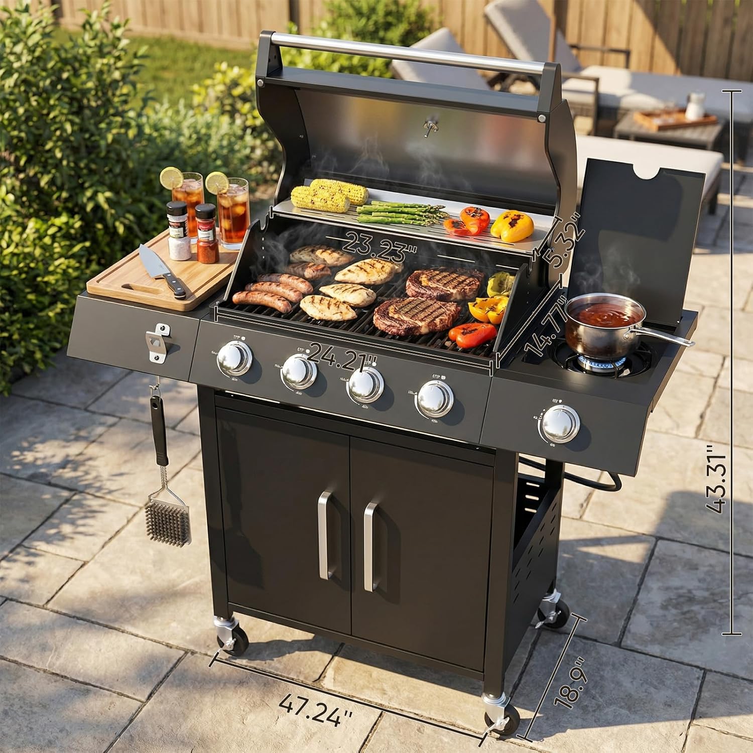 TABU 4-Burners Propane Gas Grill with Side Burner, 58,000 BTU Outdoor BBQ Grill with Cast Iron Grate & Enameled Tamer, Strorage Shed, Wheels for Outdoor Patio Garden