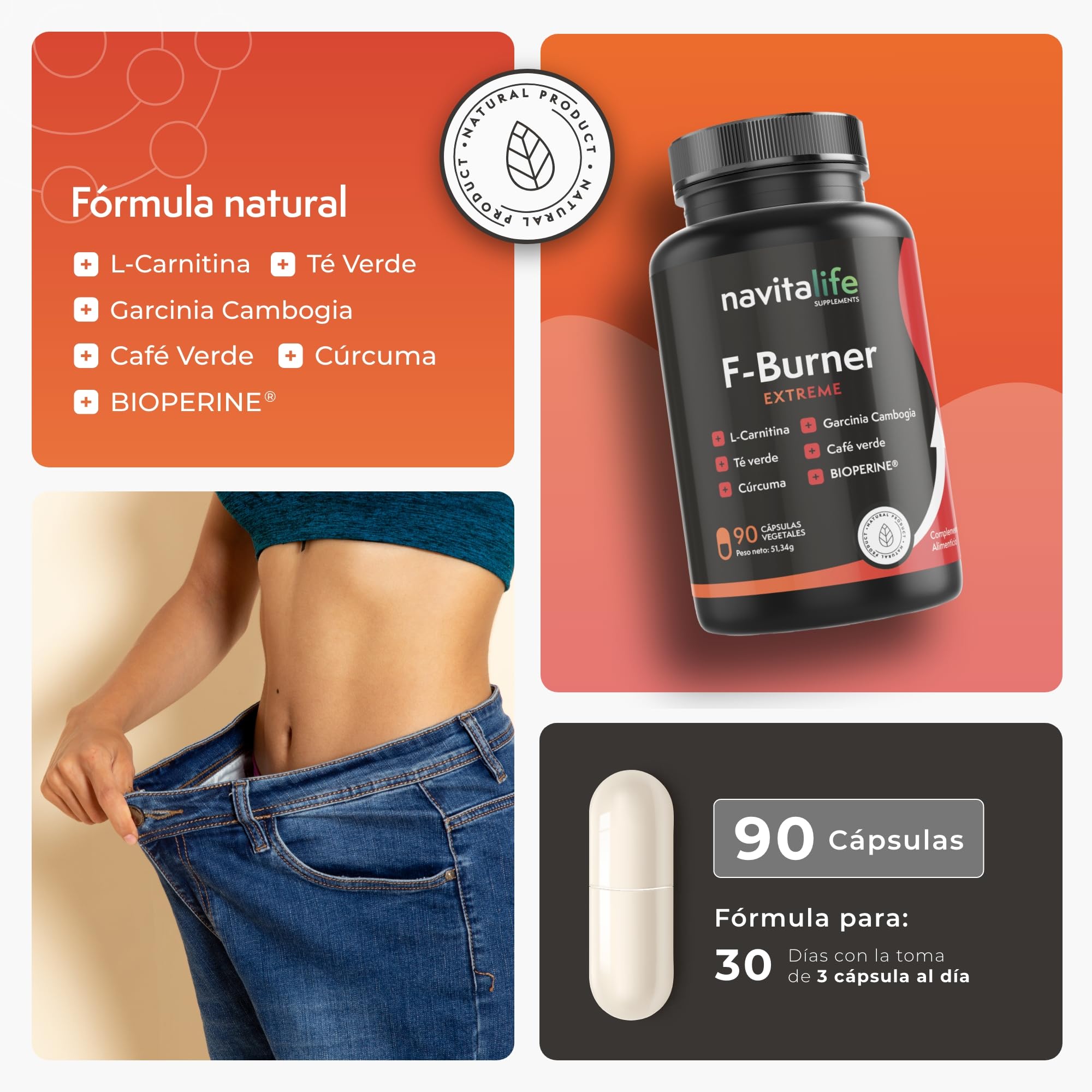 F- burner Extreme. Con L-Carnitina Carnipure y Extractos Naturales | Energía y Rendimiento para Rutinas Activas | Té Verde, Garcinia, Café Verde, Cúrcuma | 90 Cápsulas.