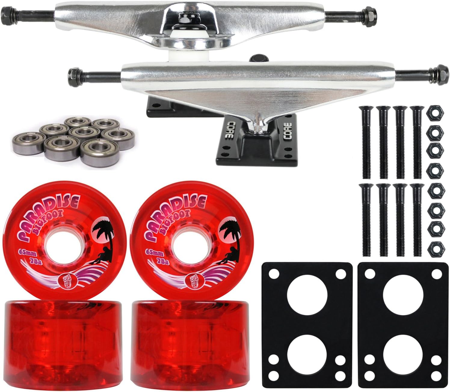 Longboard Skateboard Trucks Combo Set 65mm Bigfoot Islanders Wheels with Silver Trucks, Bearings, and Hardware Package