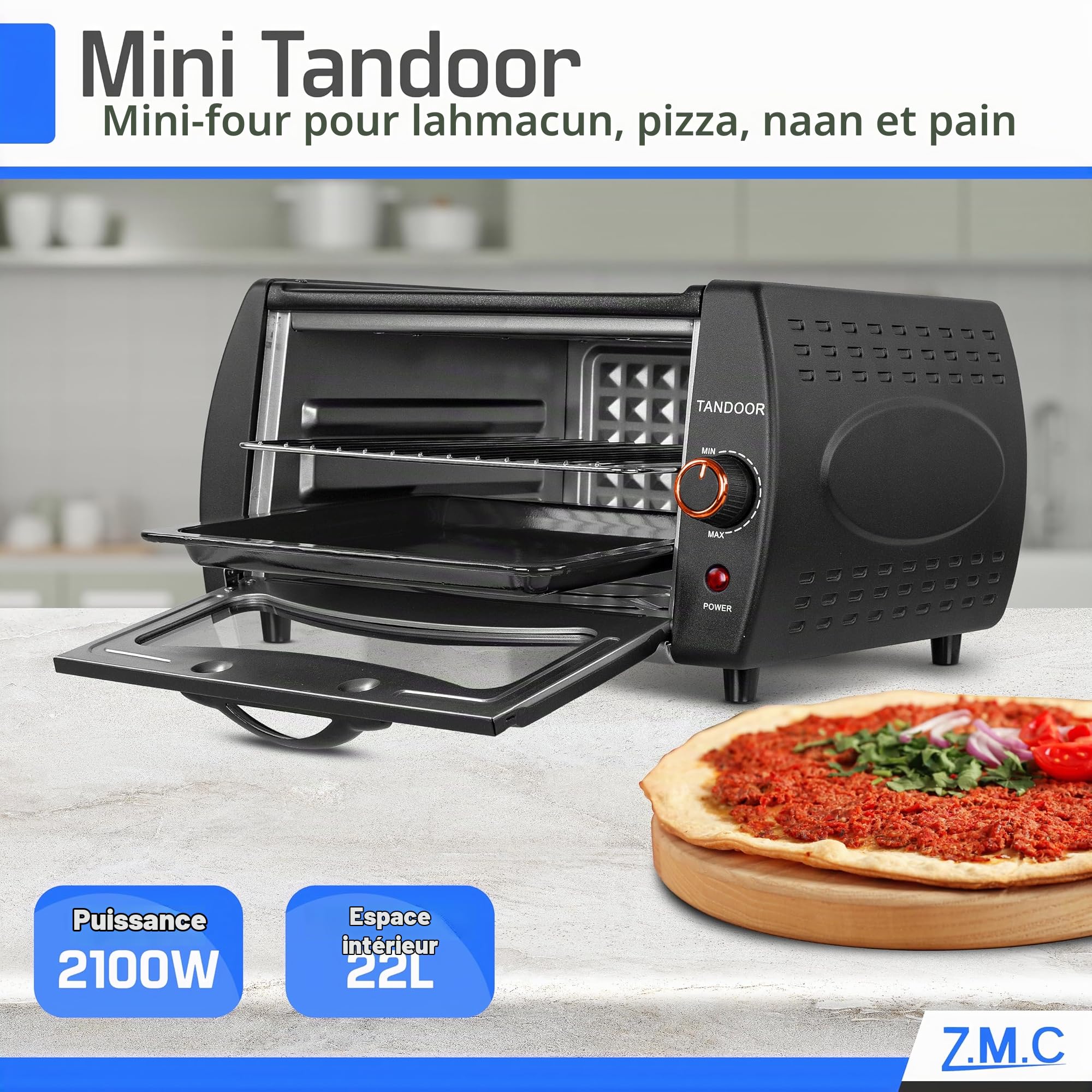 ZMC Mini Tandoor 2100W 22L - Mini four pour Lahmacun, Pizza, Naan et Pain. Comprend plaque de cuisson et grille de cuisson Compact, puissant, chauffe rapide, idéal pour des plats authentiques.