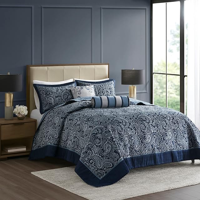 Madison Park Aubrey Reversible Quilted Bedspread Set, Solid Reverse Summer Breathable, Lightweight All Season Bedding Layer, Matching Shams, Bedspread King(120"x118"), Navy 5 Piece