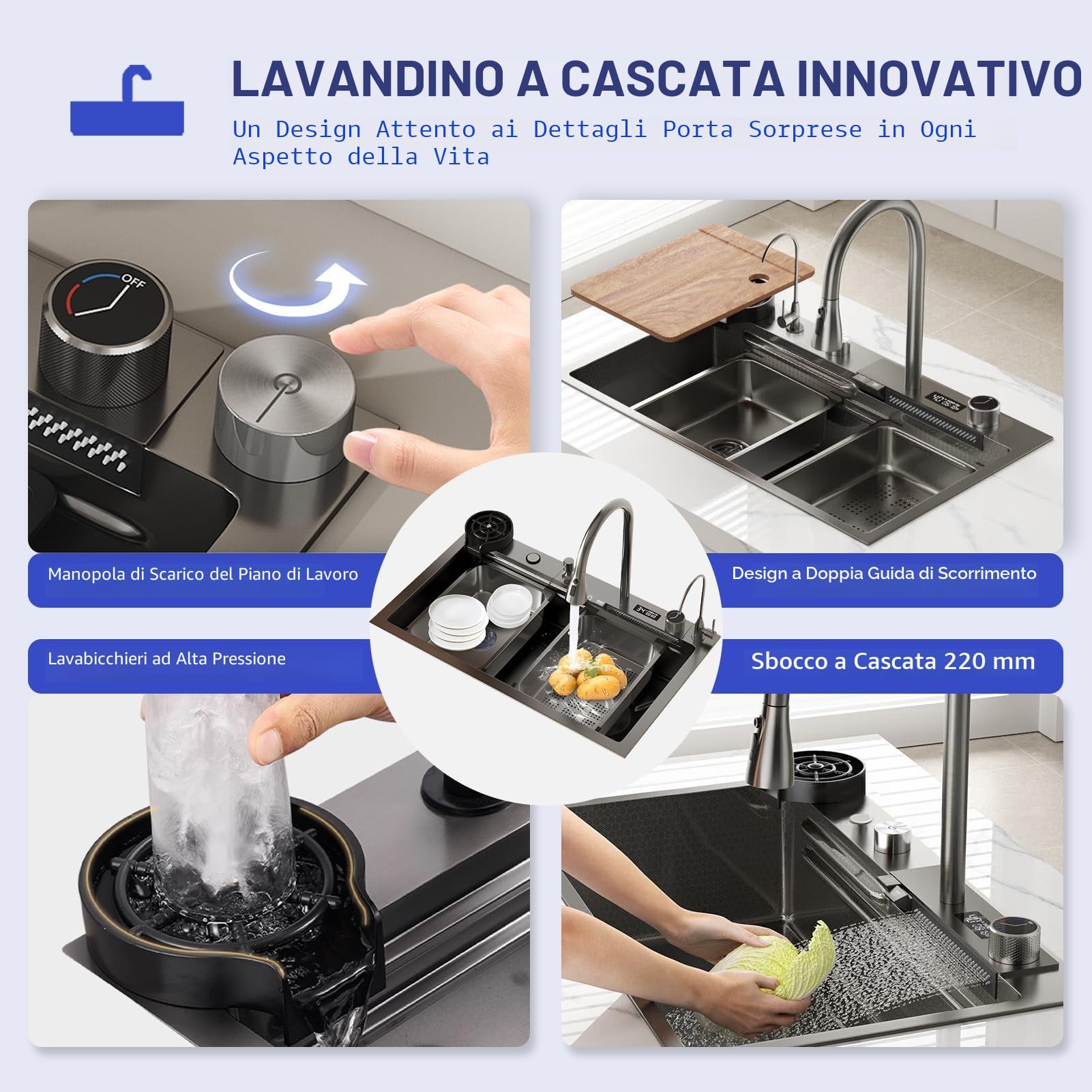 lavello cucina 85x50 da cascata nero, lavello da cucina con Può visualizzare la temperatura dell'acqua, lavello domestico set, lavandino del bar multifunzionale