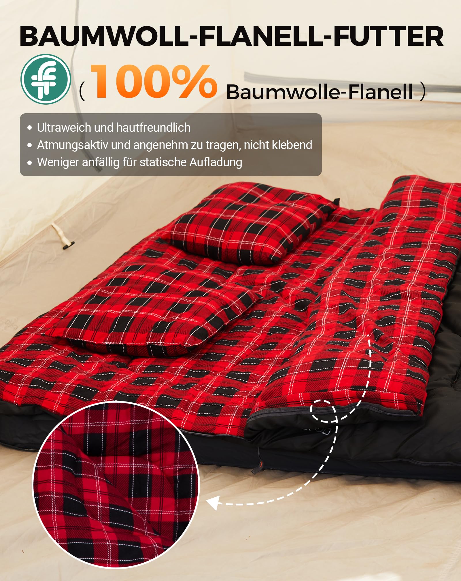 KingCamp Doppelschlafsack Baumwolle Flanell Winter Schlafsack 2 Personen Warmer Deckenschlafsack 3-4 Jahreszeiten mit 2 Flanell Kissen für Kinder & Erwachsenen Camping Reisen und Aktivitäten Outdoor