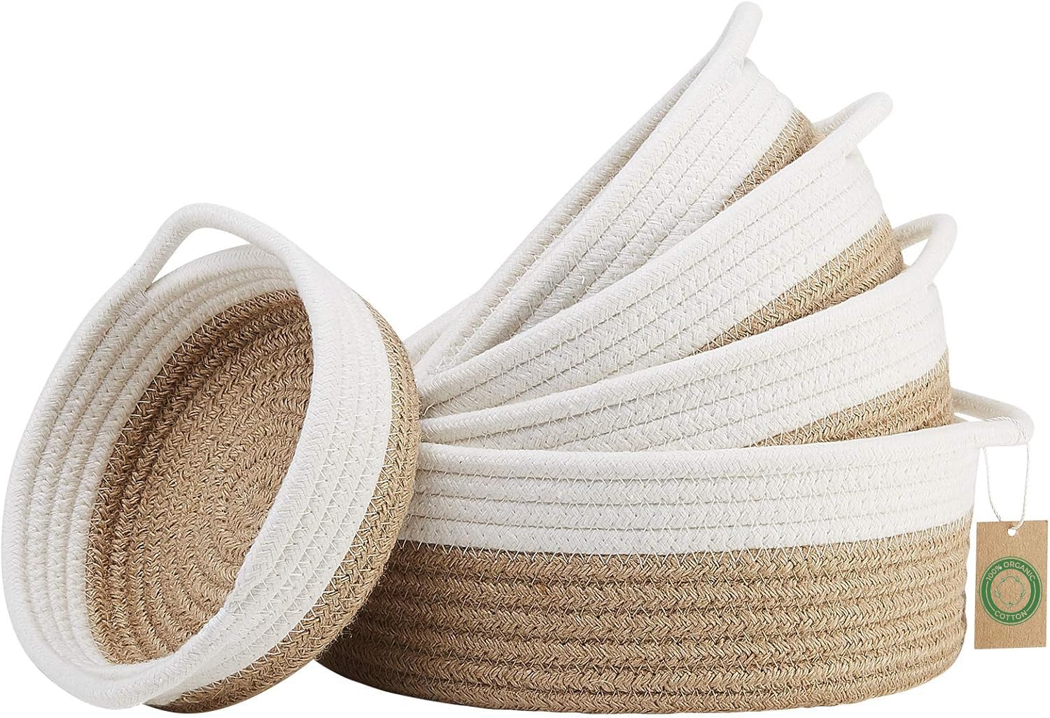 Lot de 5 Panier Rangement en Corde de Coton, Paniers et Boîtes de Rangement avec Anse, Corbeille décorative tressée pour placard, salle de bain ou chambre de bébé