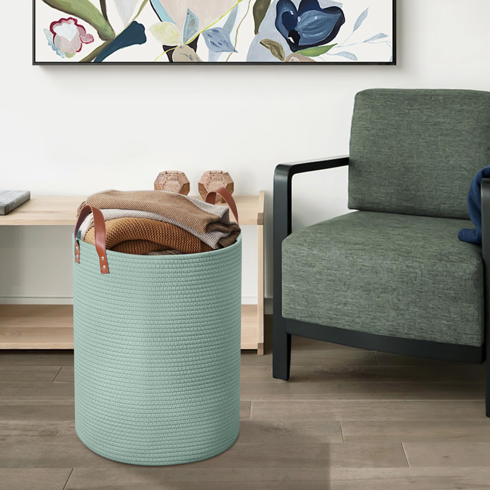 Grande cesto portaoggetti in corda intrecciata da 80 l, con manici in pelle, per giocattoli per cani, camera da letto, cameretta dei bambini, cesto portabiancheria alto 40,6 x 50,8 cm (verde)