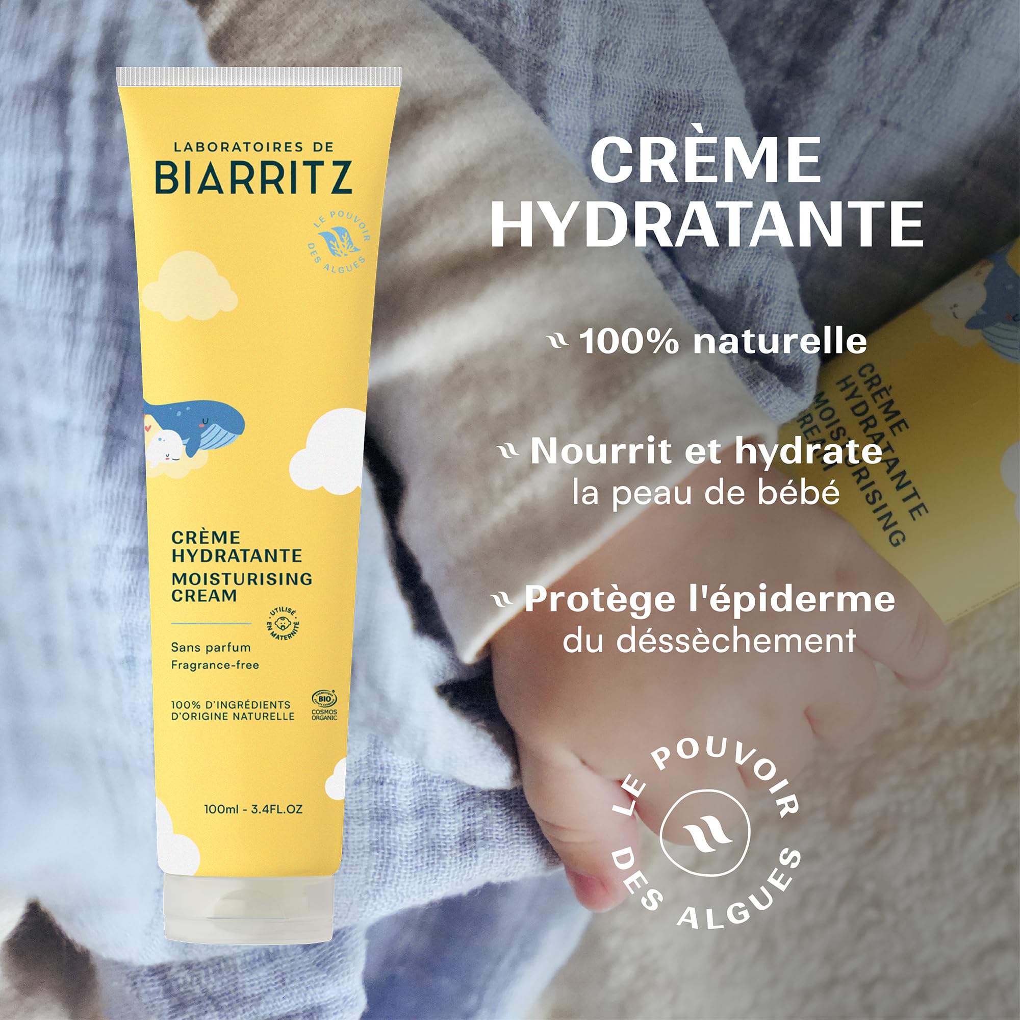 Laboratoires de Biarritz - Crème Hydratante pour Bébé - Certifiée Bio - Apporte Confort, Douceur et Apaisement - Visage & Corps - 100 ml - Fabriquée en France