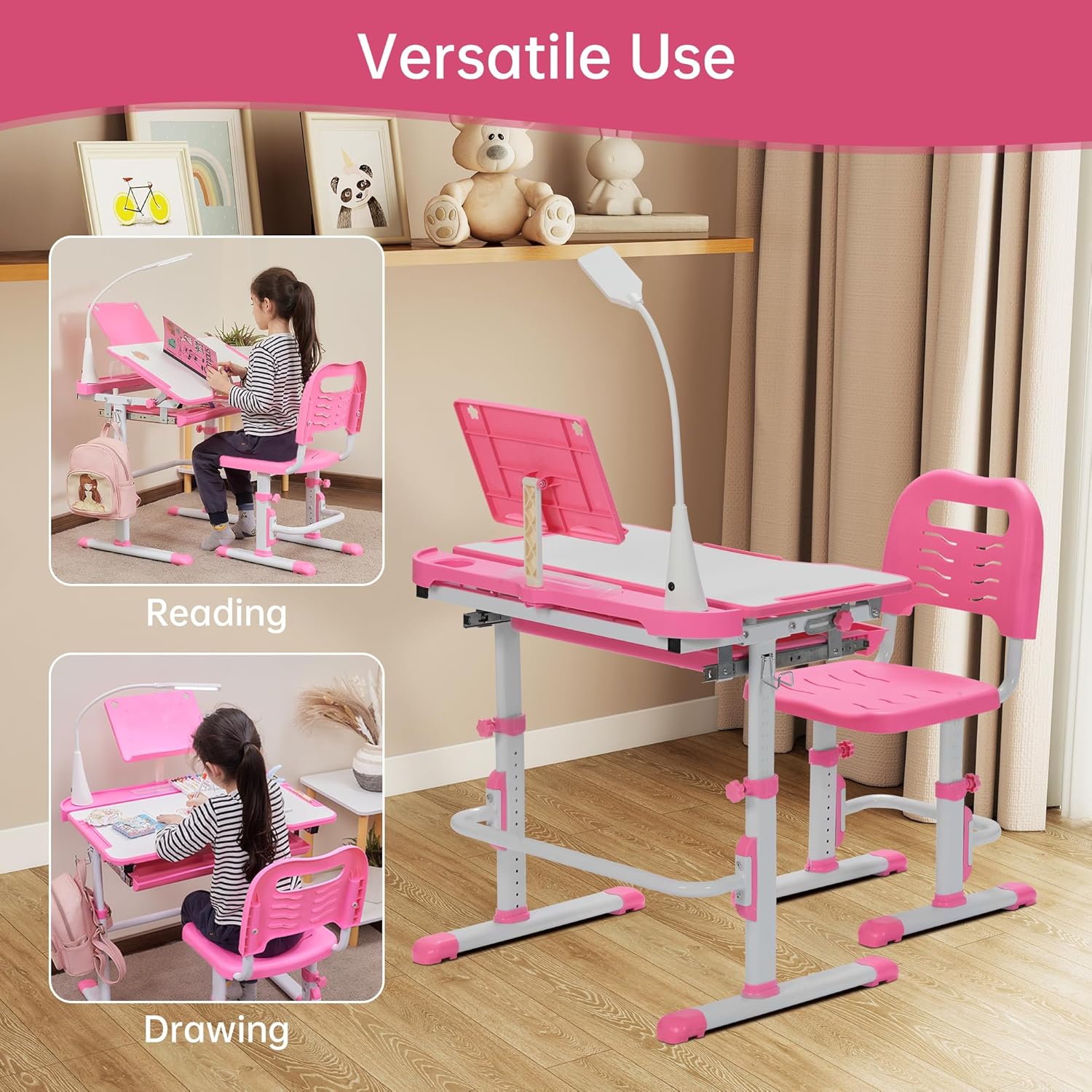 Kids Desk and Chair Set, Height Adjustable Child's School Study Writing Tables with Tilt Desktop, LED Light, Storage Drawer, Book Stand (Pink)