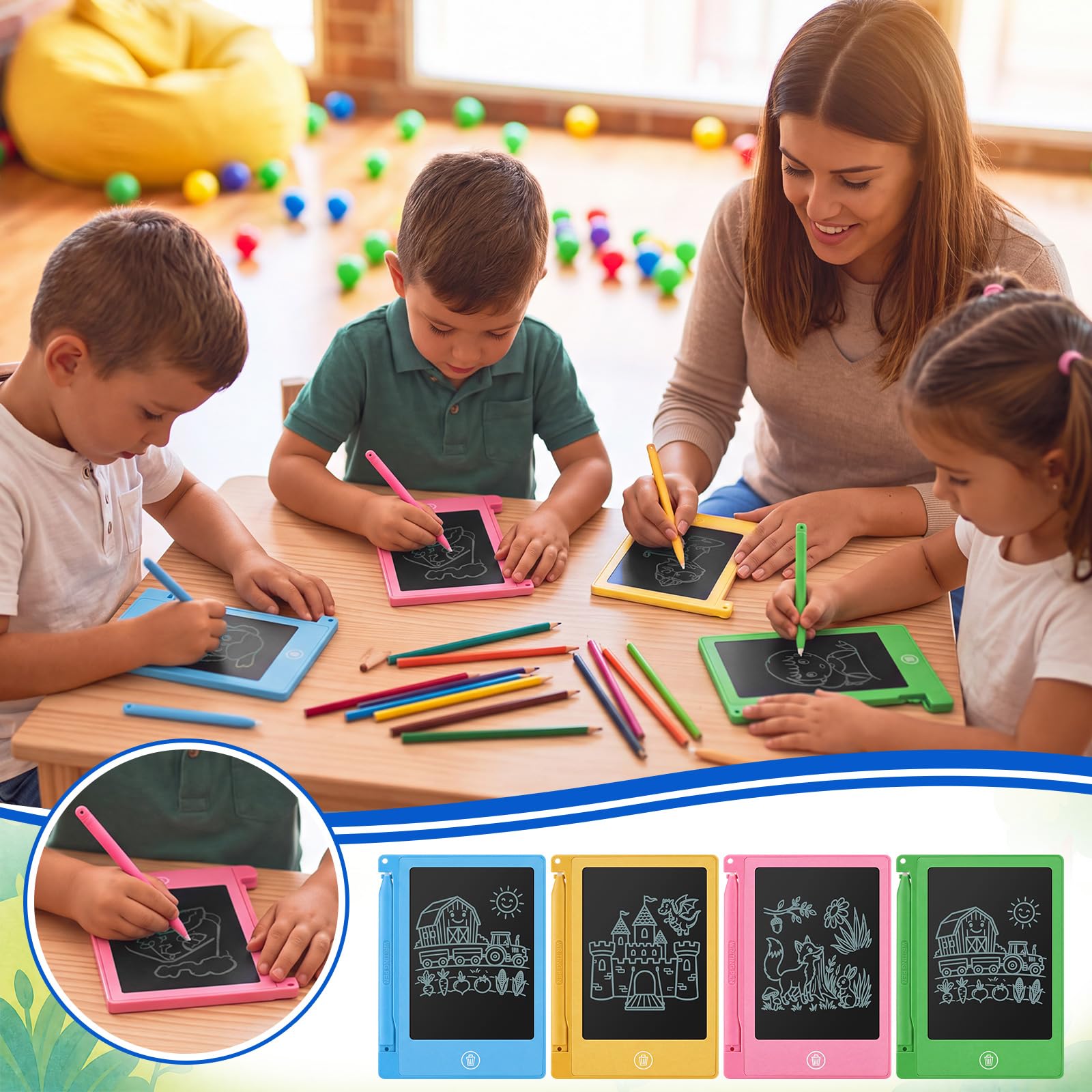 Nezyo 16 mini tabletas de escritura LCD de 4.5 pulgadas para niños, tablero electrónico de garabatos, tableta de dibujo colorida, bloc de escritura borrable a granel, reutilizable, regalo de