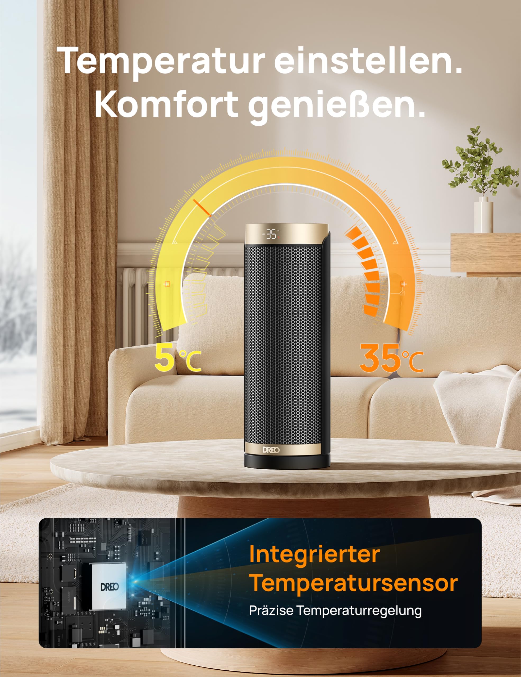 Dreo Solaris Slim H3 PTC Keramik Heizlüfter, 70° Oszillierend, 12-Std-Timer, 3 Modi, Überhitzungsschutz