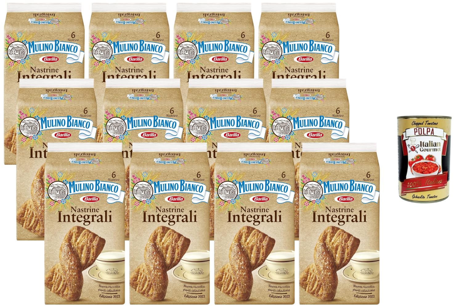 Italian Gourmet Bundle Vollkorn-Frühstücksgebäck Nastrine 12x 240g + Italian Gourmet Polpa Gratis – Italienisches süßes Gebäck für Kaffee & Frühstück, 6 Stück pro Packung laut Verpackung, Vorrat