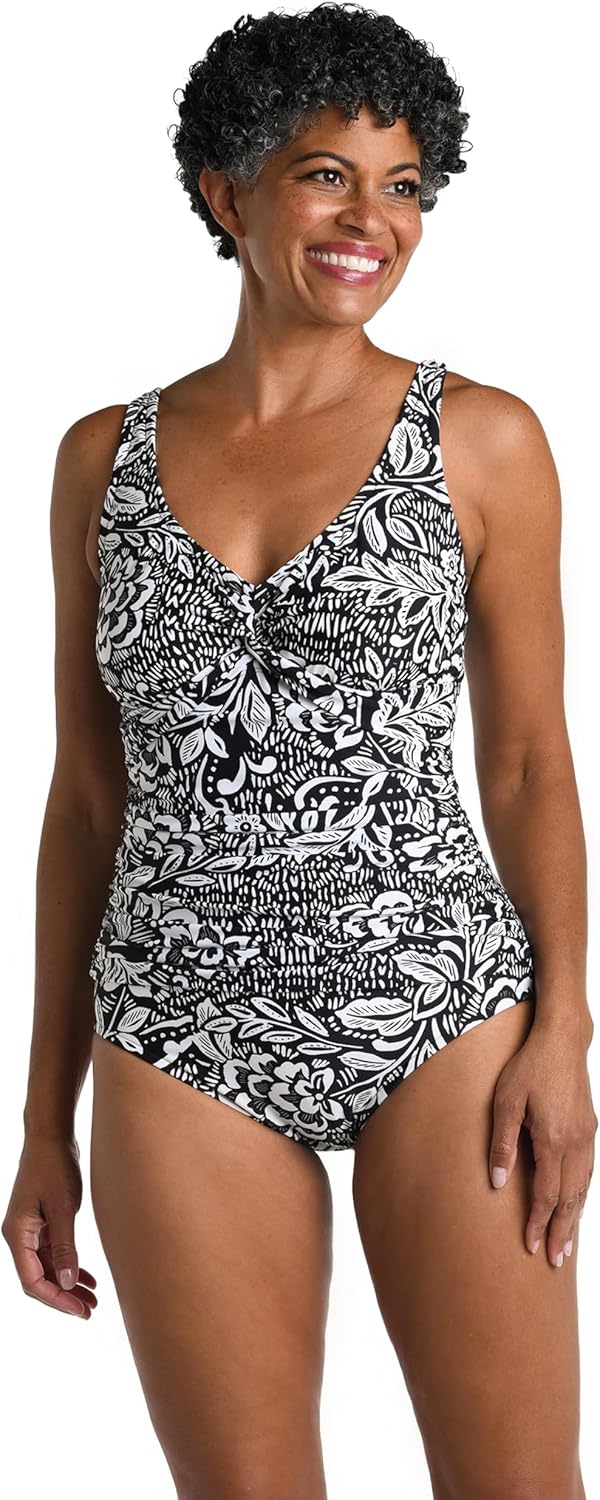 Maxine of Hollywood Womens V-Neck Twist Front Shirred One Piece Swimsuit