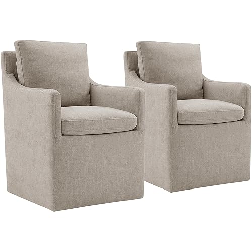 Upholstered Dining Chairs with Casters No Assembly Modern Accent Armchair with Rollers for Diningroom Bedroom Livingroom Reading Room,Sand,2 Boxs
