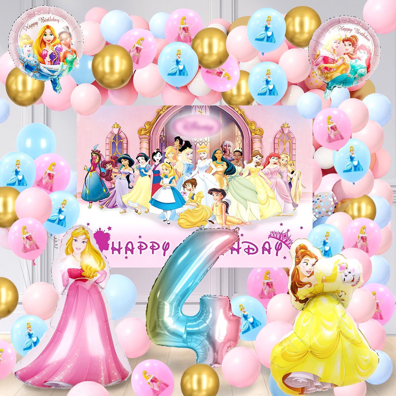 71Pcs Princess Party Decorations - Balloons, Background, Latex & Foil Balloons for Girls' 4th Birthday