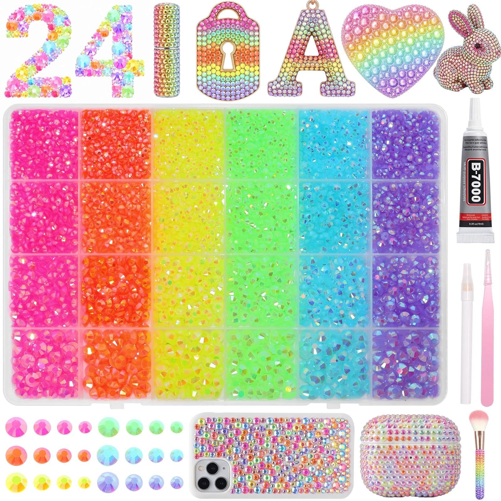 24 Grids Color Rhinestones Bedazzling Kit, 3/4/5/6mm Rhinestones Bedazzling