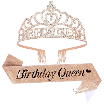 Amaiver Birthday Queen Tiara Crown for Women Girls Birthday Queen Sash Party Decoration Rose Gold Tiara and Crown Party Gifts Supplies Birth Accessories
