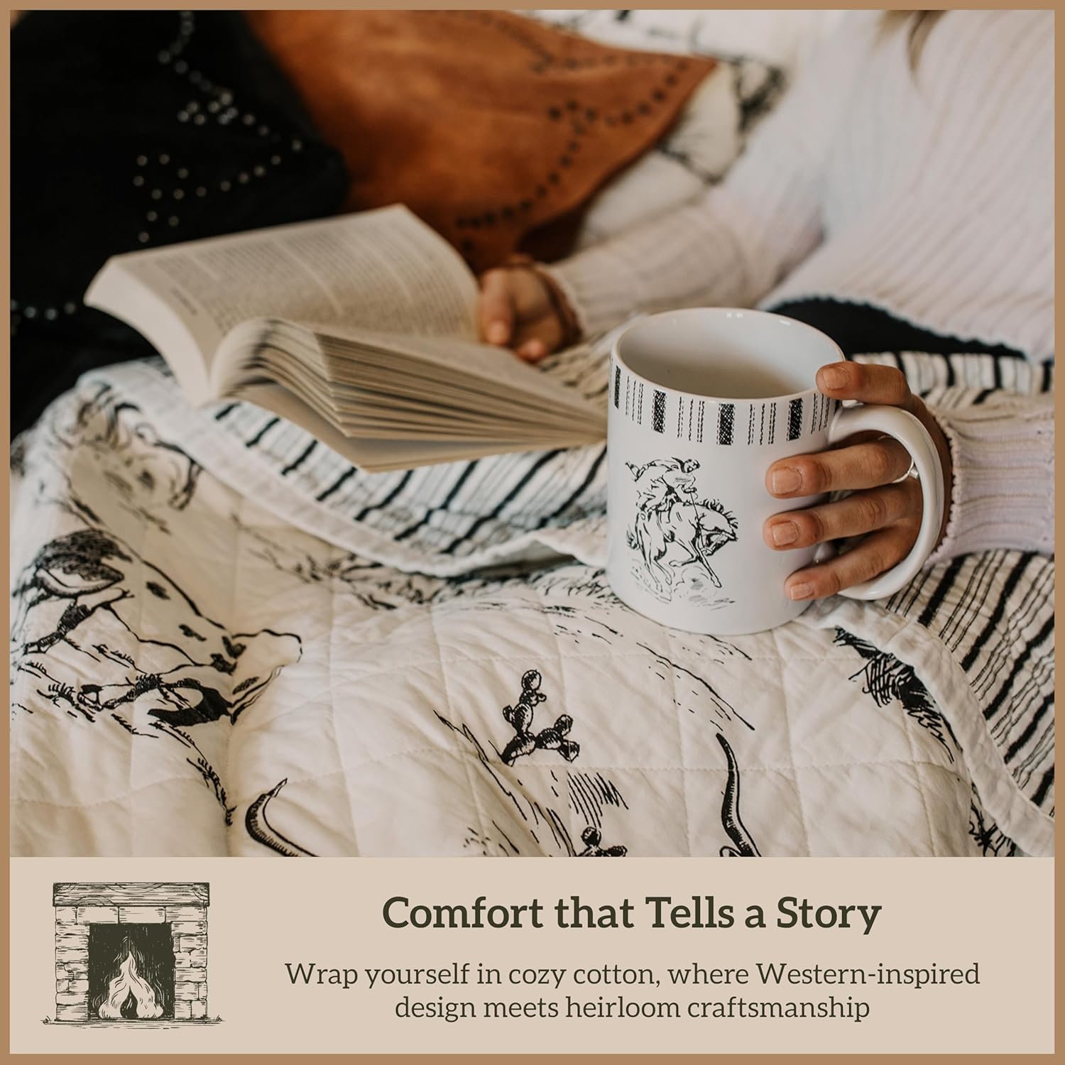 Paseo Road Ranch Life Full Queen Cotton Quilt Set, 3 Piece Western Bedding Set with Pillow Shams, Black White Reversible Quilt with Cowboy Longhorn Horse Cow Print, Soft Cozy Rustic Farmhouse Bedding - Image 8