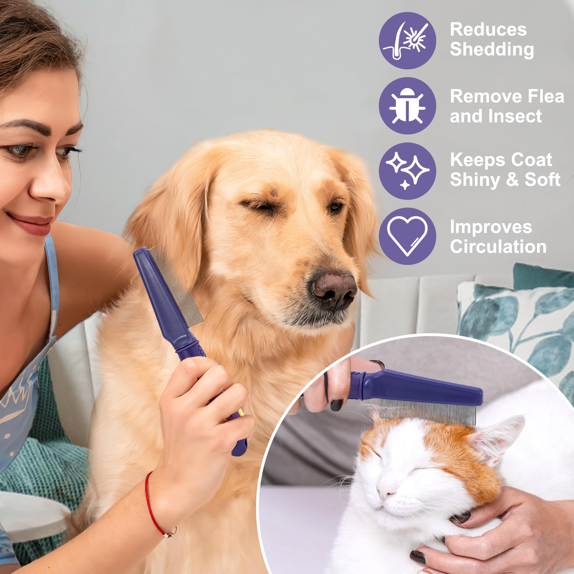 Peigne anti-puces pour Chien & Chat Dents Fines Peignes de Toilettage pour Animaux de Compagnie Douce Peignes de Nettoyage pour Protéger Animal des Puces & Tiques