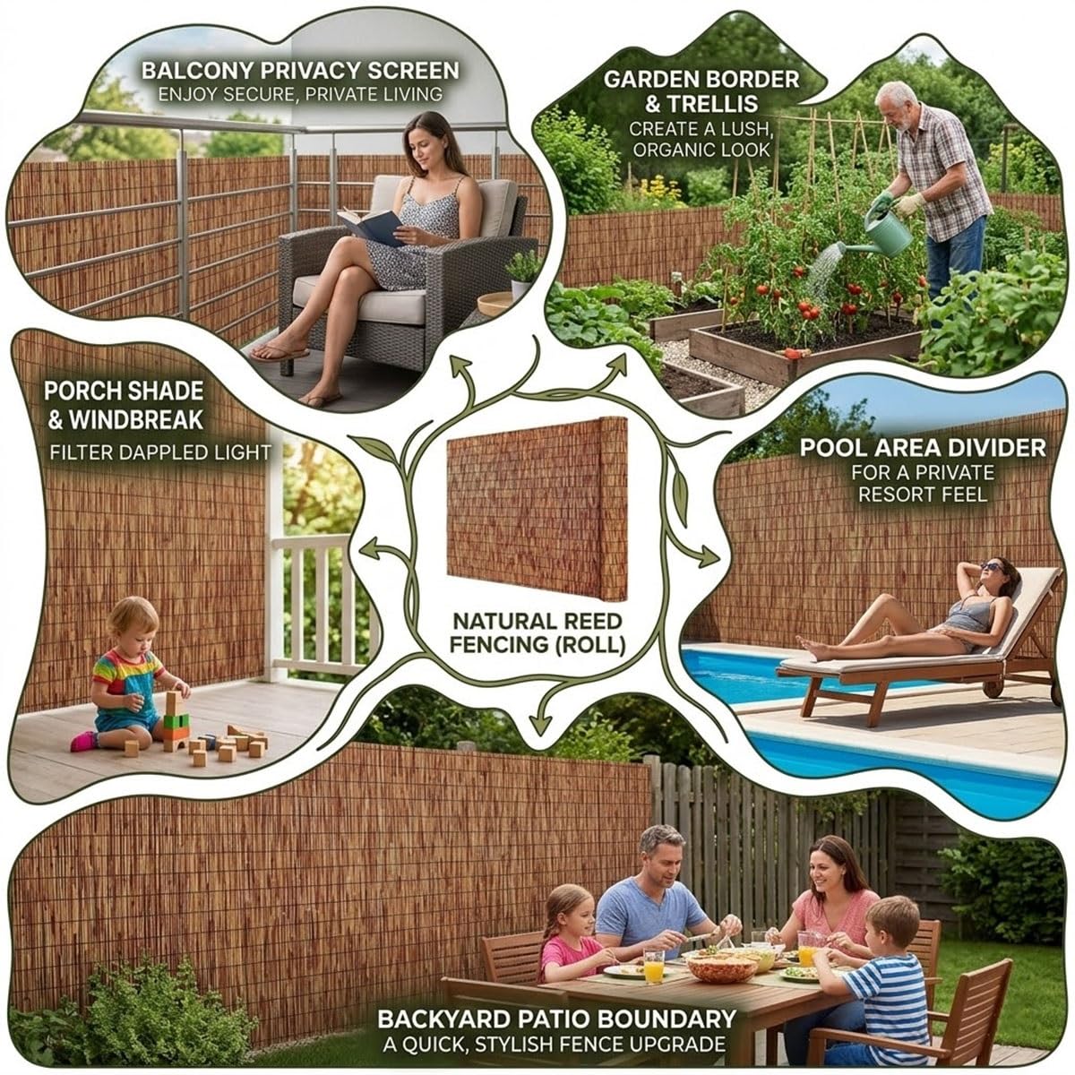 Arella in Canna Naturale per Recinzione Giardino e Balcone, 85% Copertura Arella Frangivista da Esterno per Terrazza e Piscina, Stuoia Ombreggiante Frangivento, Marrone(61x853cm(2x28ft))