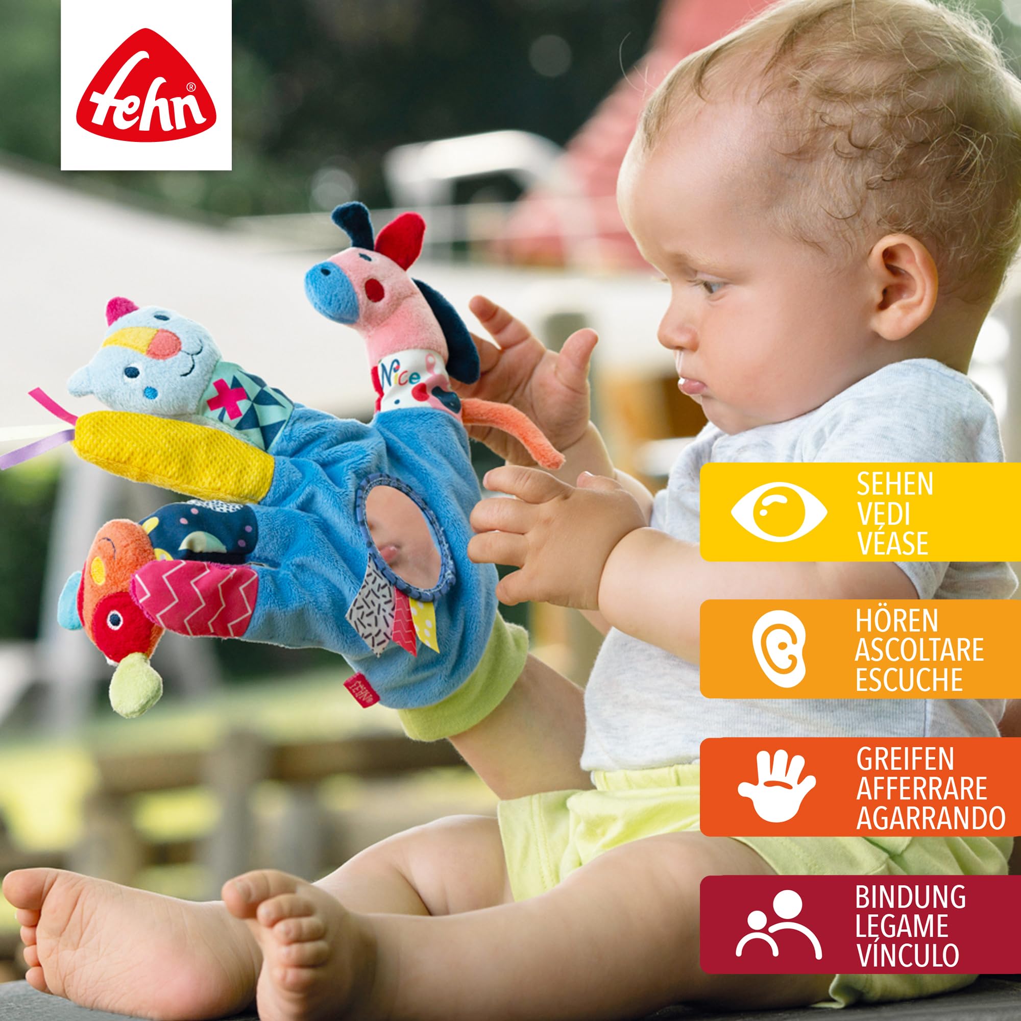 Fehn Guanto da gioco Color Friends - da afferrare e produrre rumori, con sonaglio e squeaker - Burattino per bambini da 0+ mesi