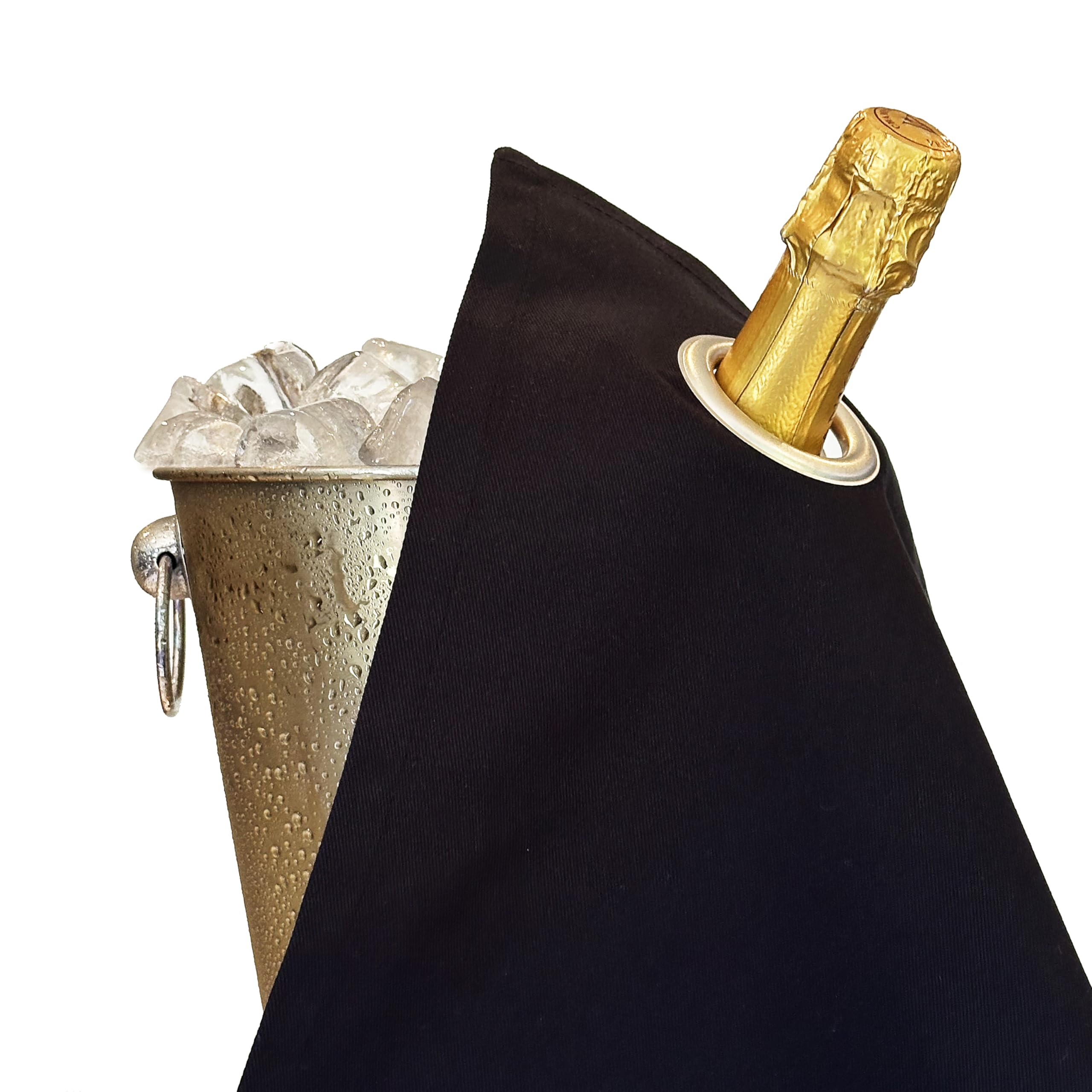 Classic Collection - Paños para botellas con anillo de metal para cubos de hielo, algodón, 42 cm, agujero en la esquina (negro con anillo plateado, paquete de 5)