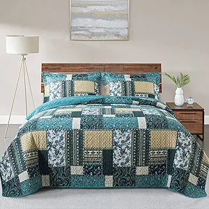 VAPUTAR Quilts King Size - Soft King Quilt Bedding Set with Floral Pattren - 3 Pieces Patchwork Cotton King Bedspreads Set for Farmhouse Bedroom (Dream Blue)