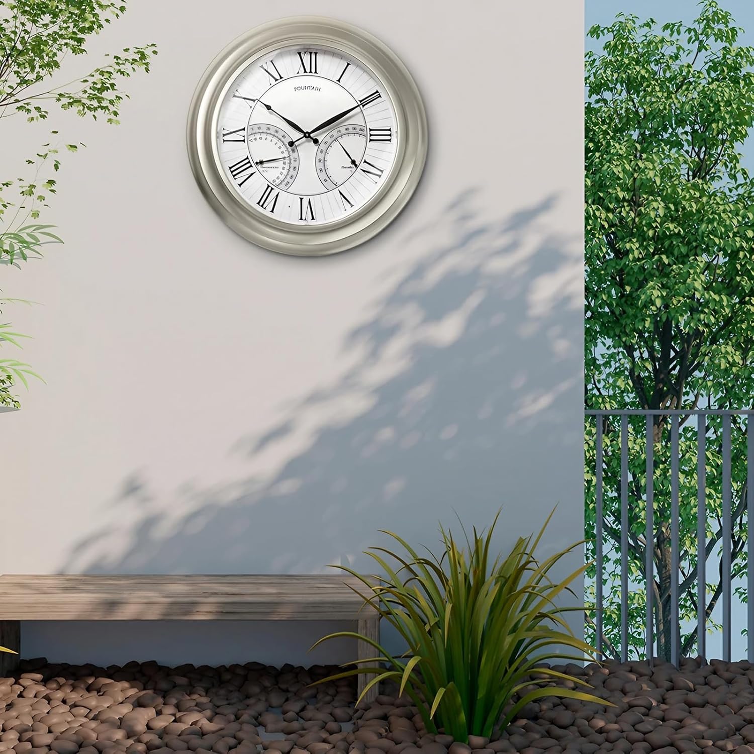 24 Inch Outdoor Clocks Waterproof, Self-Illuminated Large Outdoor Clock with Thermometer and Hygrometer Combo for Patio,Pool and Garden Decor,Roman Numeral,Morning Silver