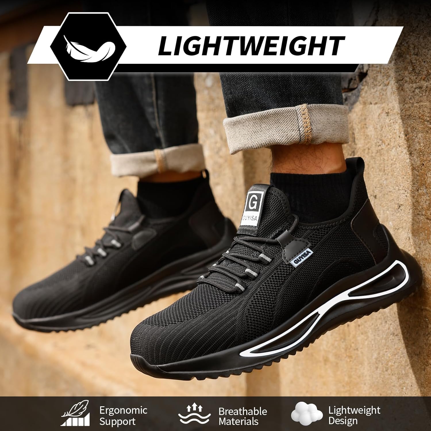 GLANOUDUN Steel Toe Shoes for Men Lightweight Work Shoes for Men Black Steel Toe Sneakers Comfortable Safety Tennis Sneakers Indestructible Men's Safety Footwear Industrial Construction - Image 5