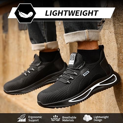 Miniatura 4 de GLANOUDUN Zapatos de punta de acero para hombre, zapatos de trabajo ligeros para hombres, zapatos de trabajo negros con punta de acero, zapatos de