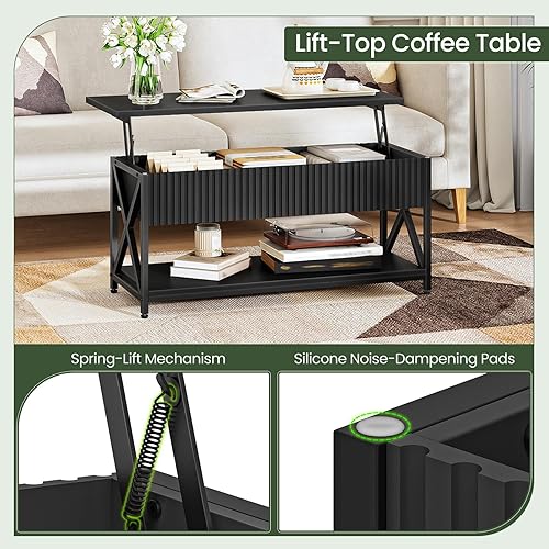 Miniatura 5 de 39.4" Lift-Top Coffee Table, Fluted Coffee Table with Hidden Compartment and Storage Shelf, Lift Tabletop, for Living Room, Office, Black TKF10BB