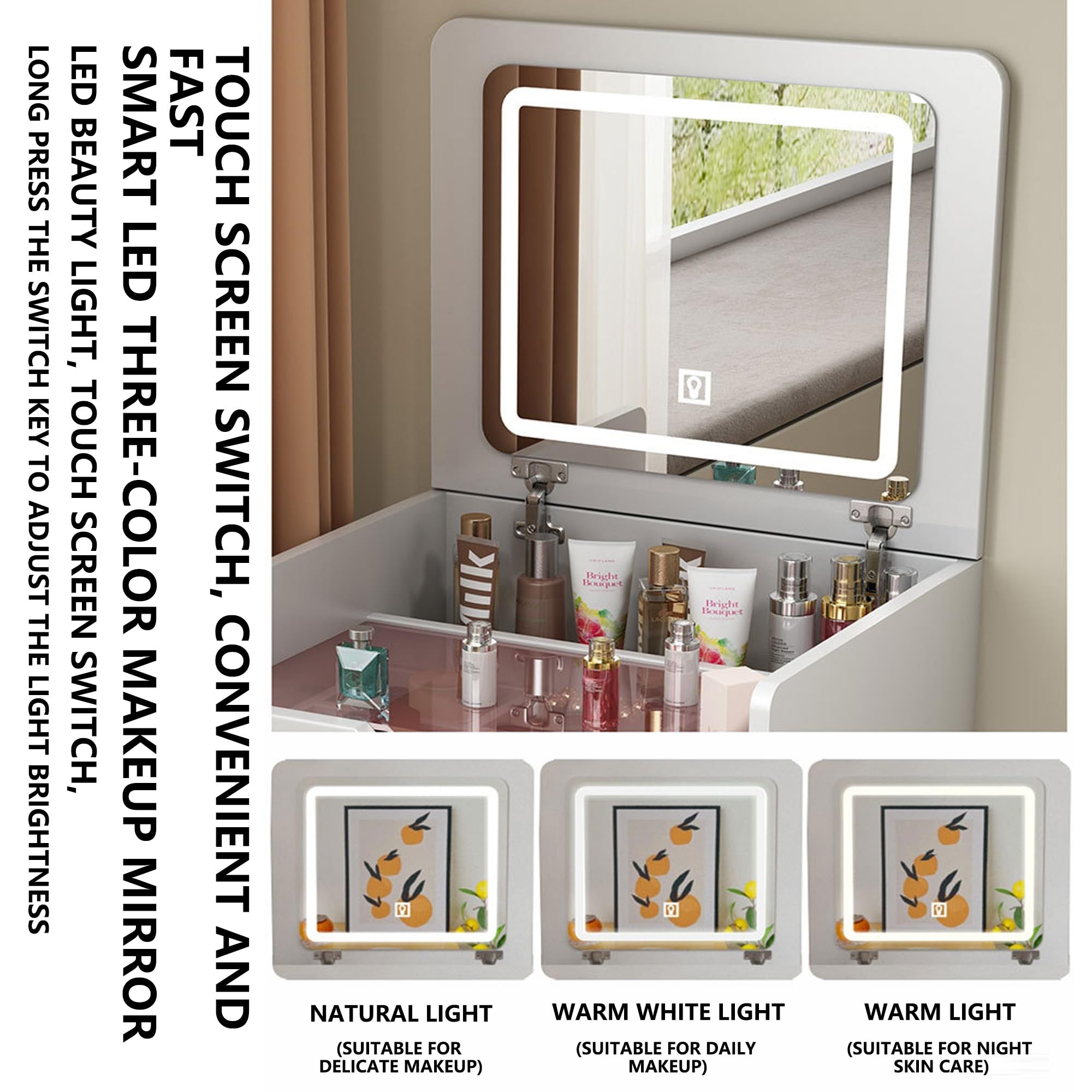 Sedia Pieghevole con Specchio E Luci per Trucco Organizzatore da Vanità Bianco per Piccoli Spazi E Comodino Scrivania Multifunzionale per Ufficio Postazione Trucco Piccola Grey Ordinary Mirror